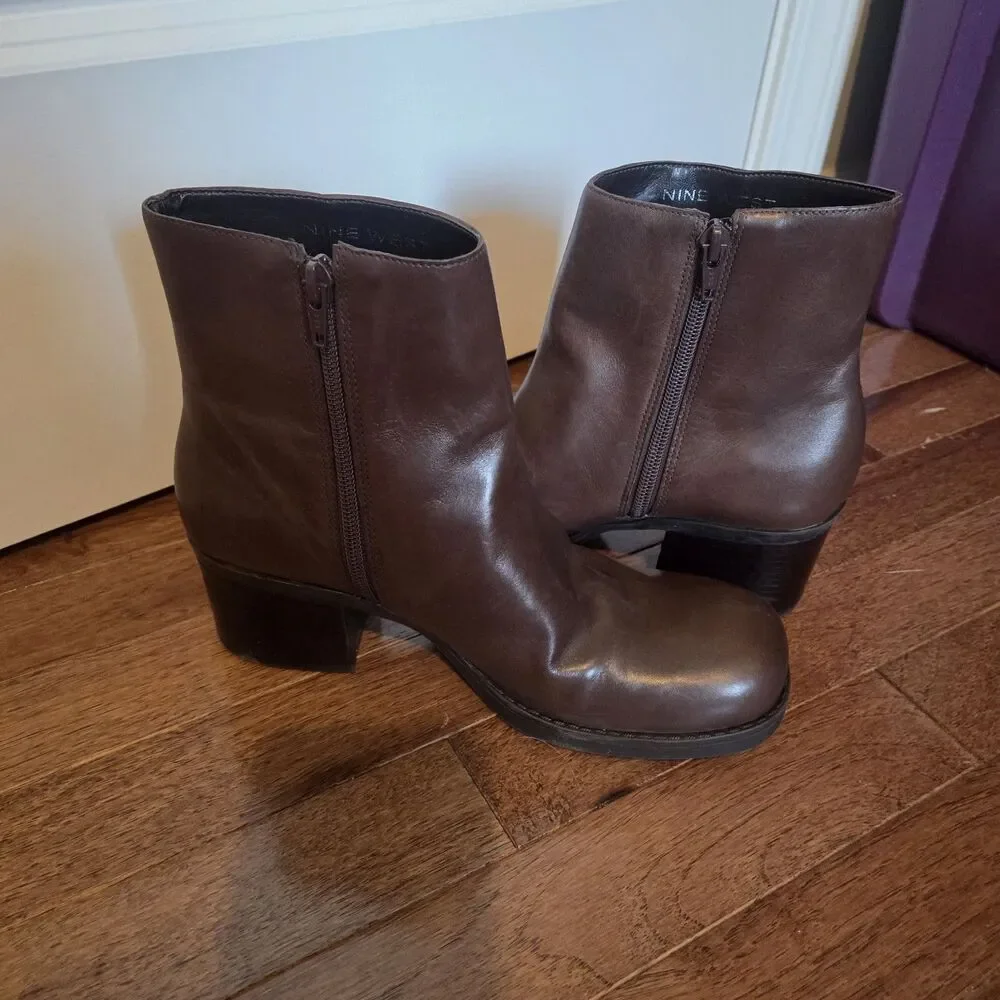 Nine West Womens Brown Chunky Heel Ankle Boot Size 7.5